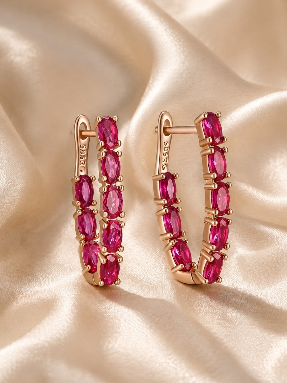Rose Gold Plated Hoop Earrings with Red Zircon Stones - Picture 4 of 7